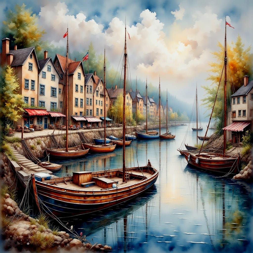 Picturesque Old Harbor Town in Watercolor Style