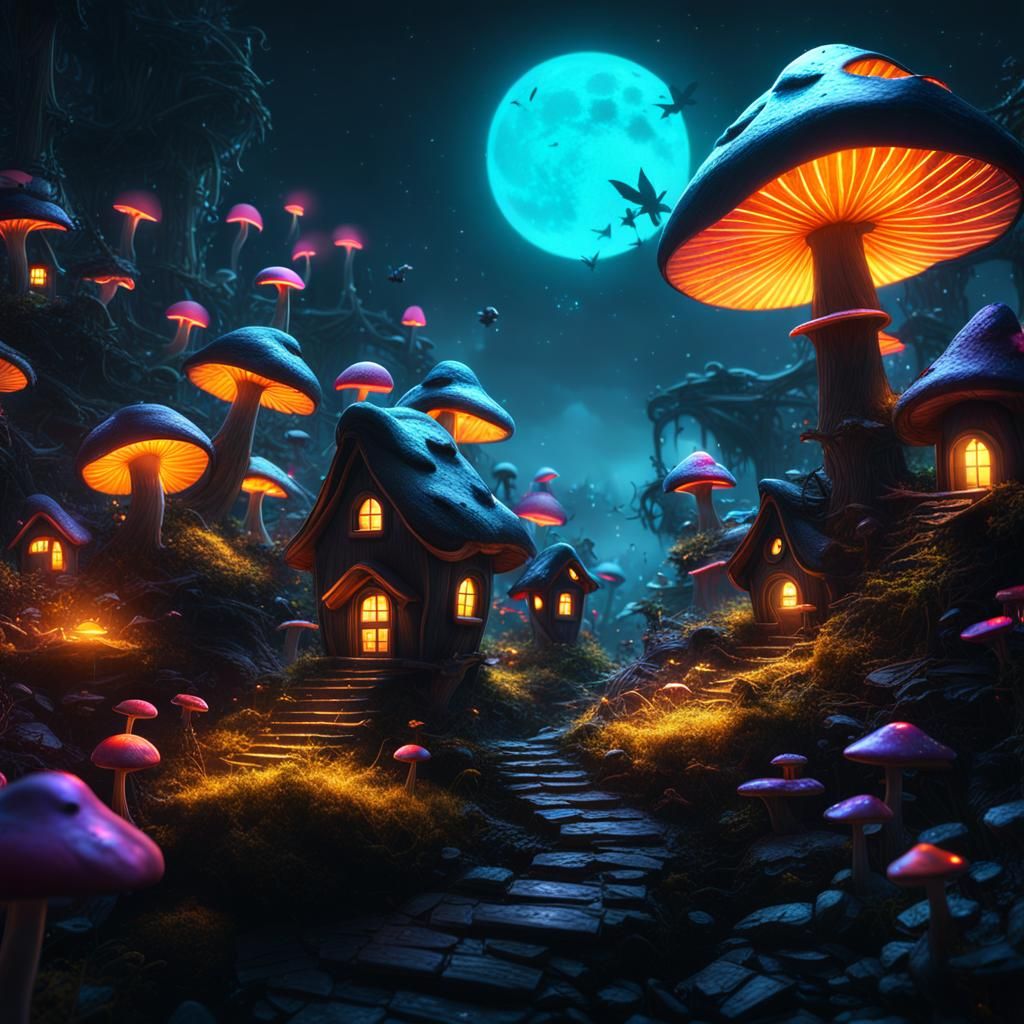 Fairies in Neon Mushroom Village: Fantasy Concept Art