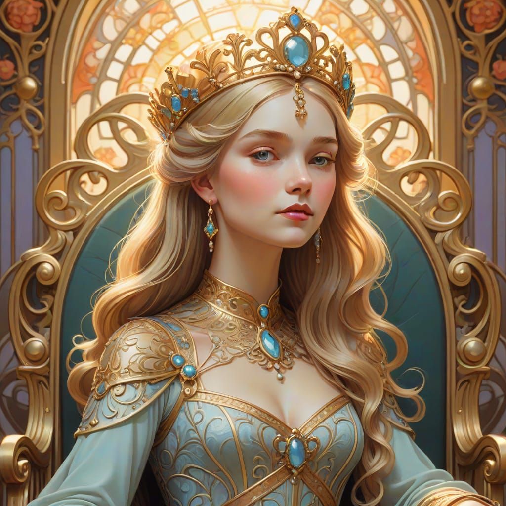 Art Nouveau Queen on Throne with Golden Light