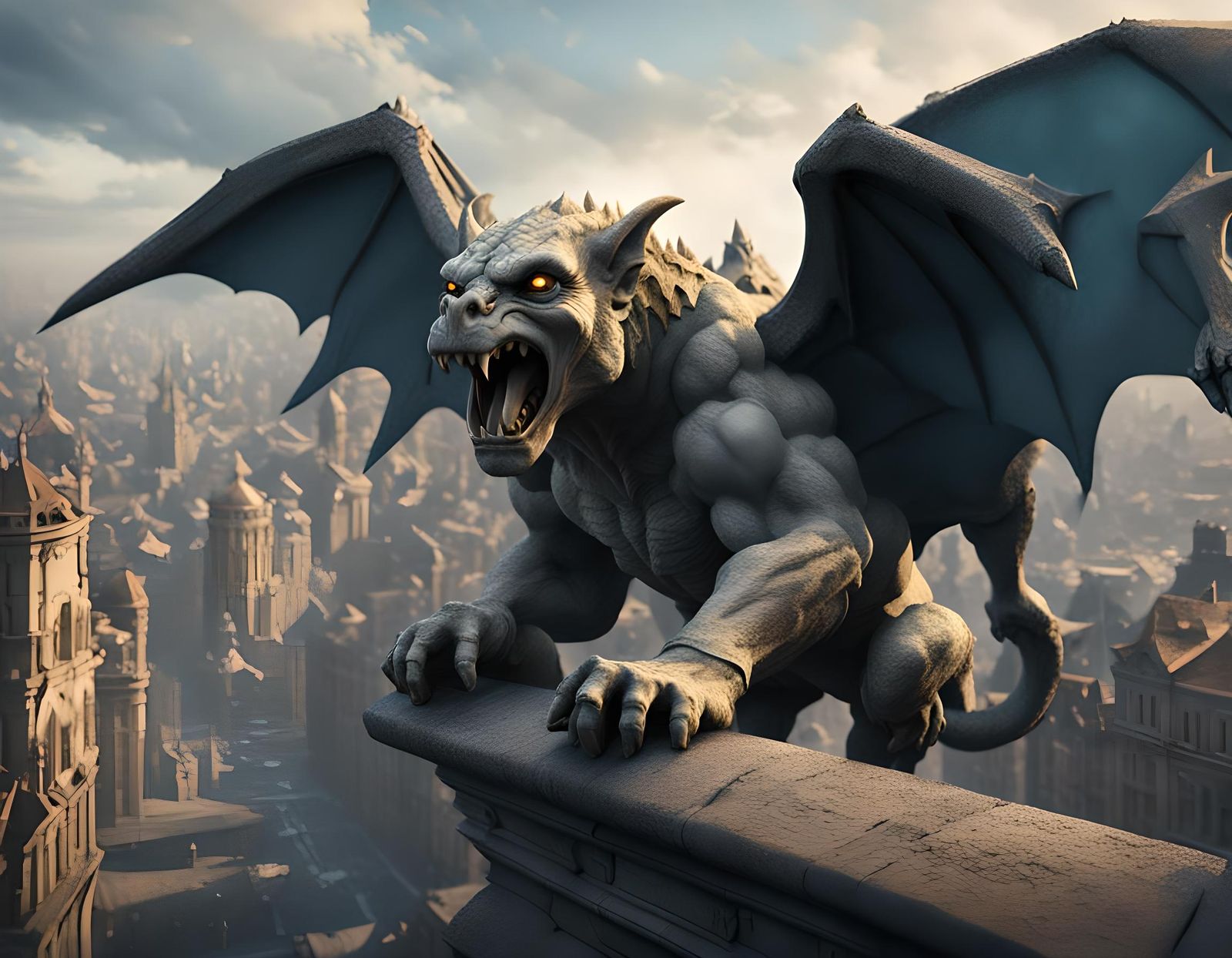 Gargoyle Protects City: Detailed Matte Painting