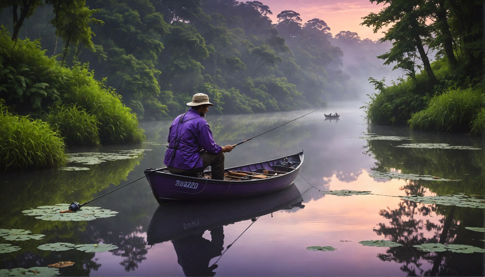 Enchanting River Scene: Fisherman in Purple Hues