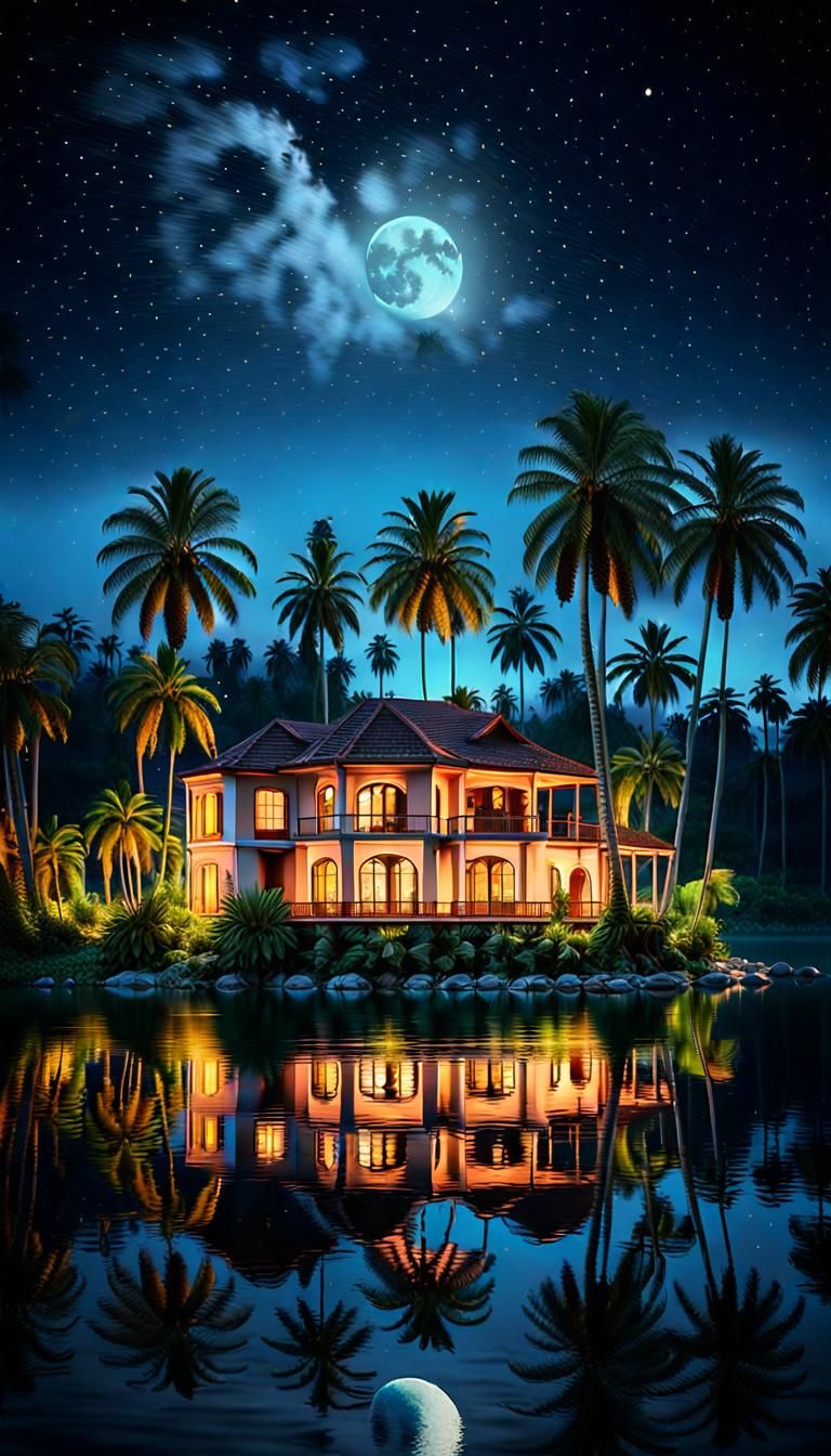 Moonlit House at Moon Lake in Magical Realism