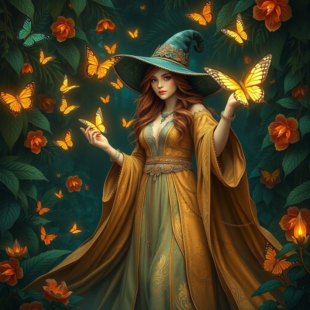 Surreal Witch Releasing Radiant Butterflies in Enchanted Gar...