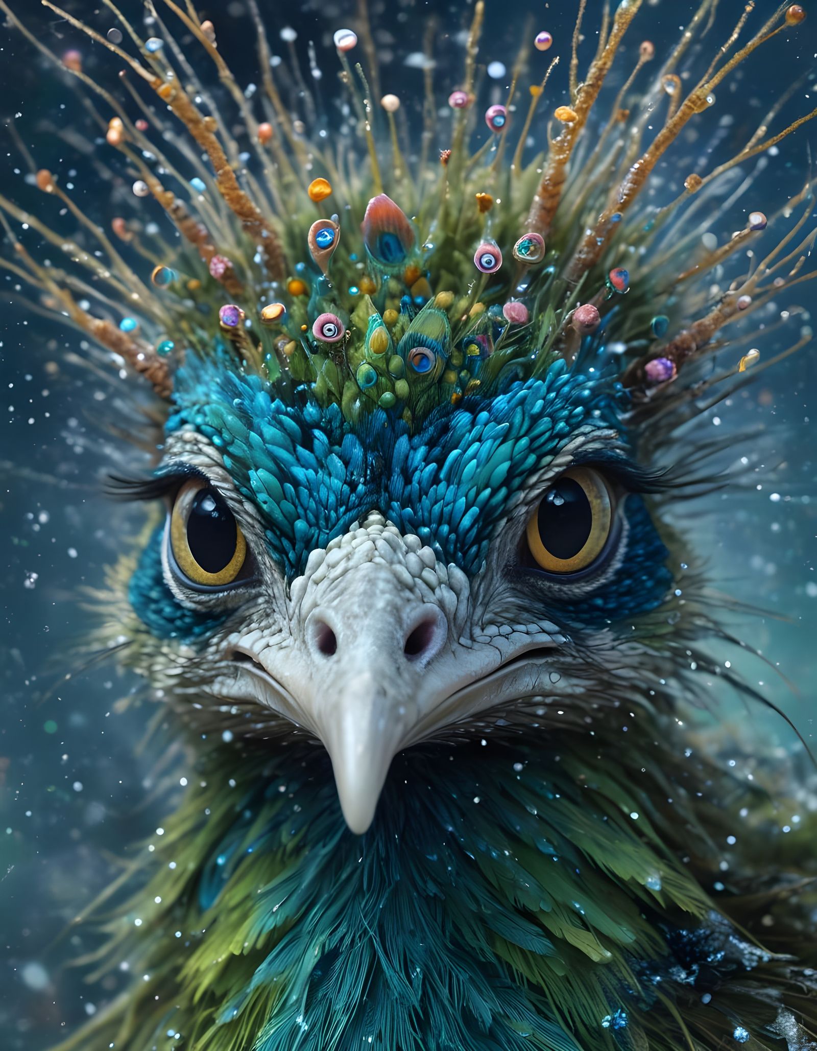 Fantastical Baby Peacock in Dewy Moss Wonderland