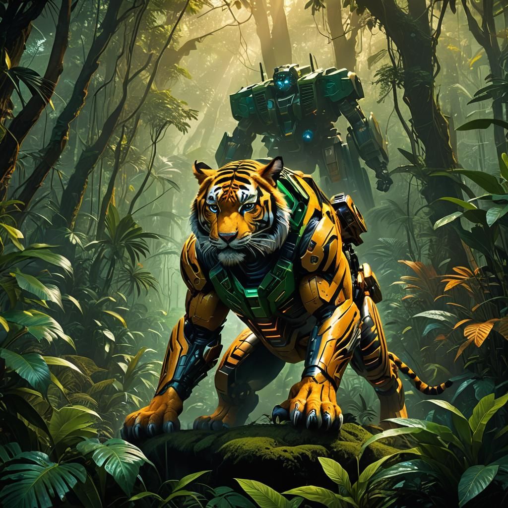 Transformer Battles Tiger in Jungle Matte Painting