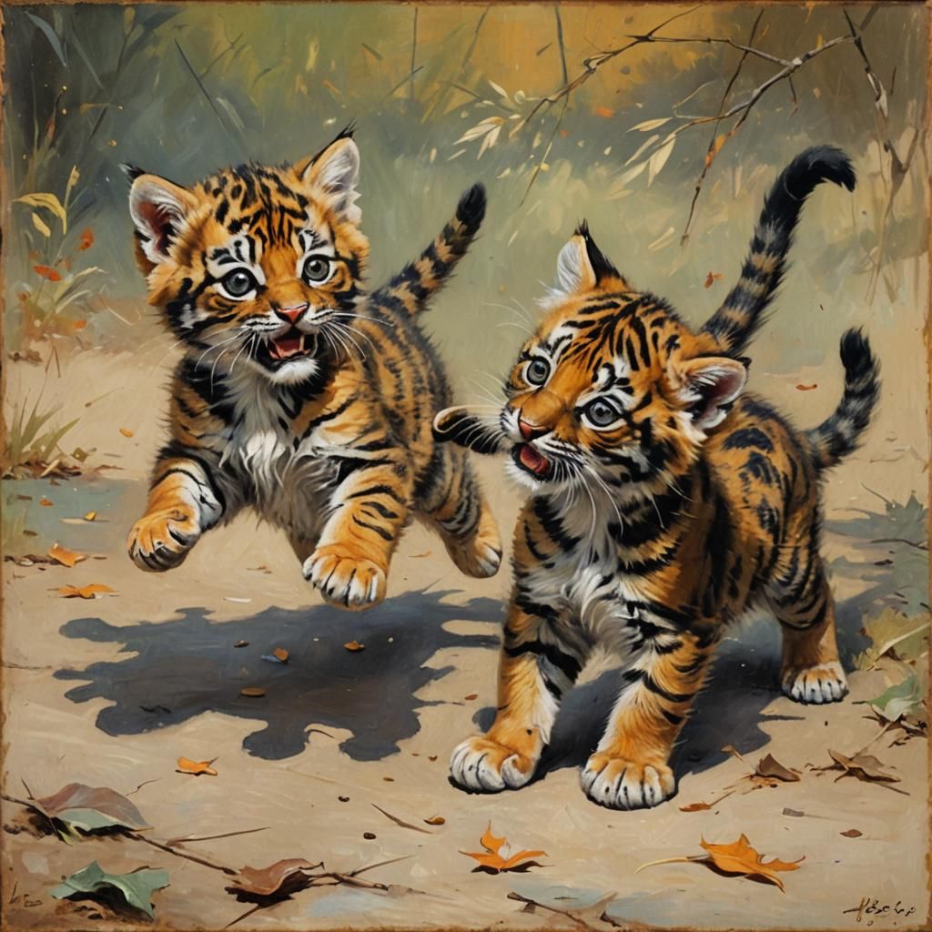 Playful Tiger Kitten Pouncing, Vivid Oil Painting