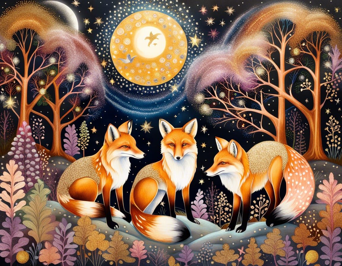 Mystical Glitter Forest with Foxes in Moonlight