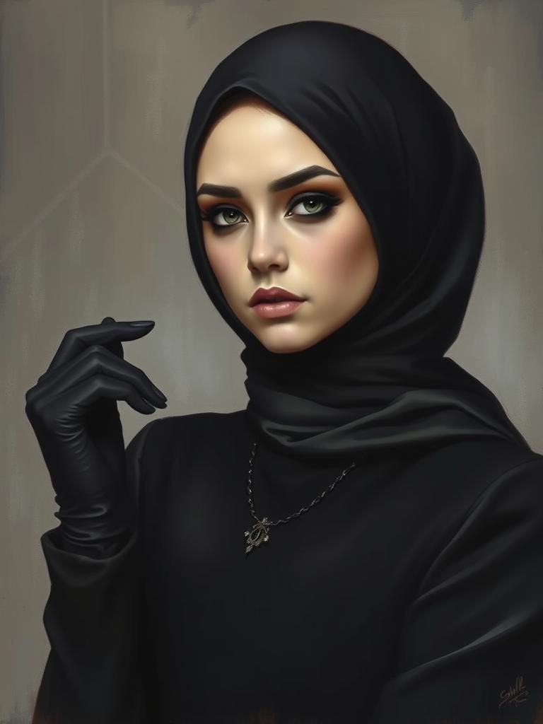 Gothic Girl in Black Hijab: Classical Portrait