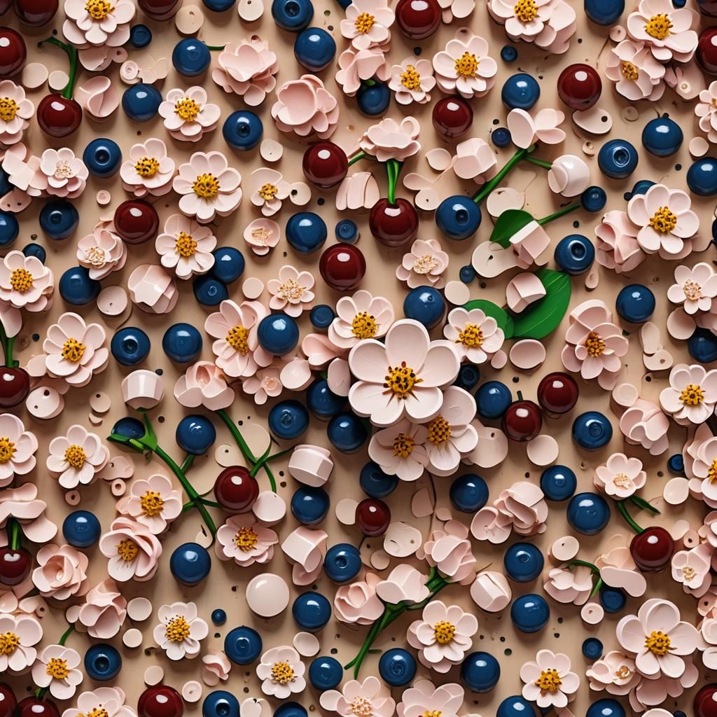 Hyperrealistic Lego Still Life with Cherries and Flowers