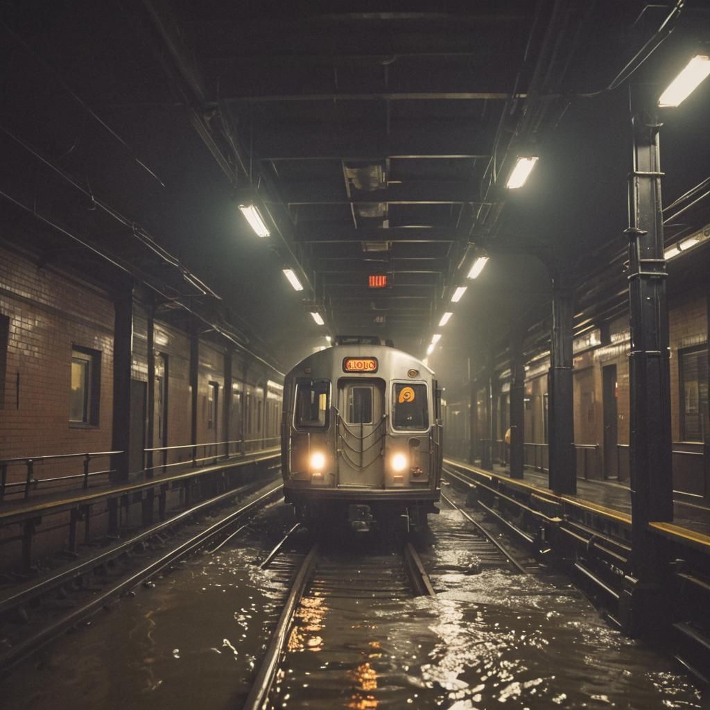 Flooded Subway Tunnel in Manhattan: Cinematic Film Still