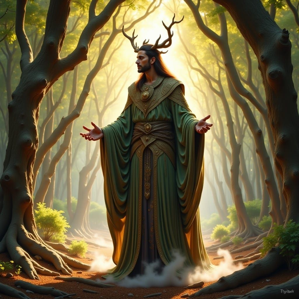 Majestic Druid in Mystical Forest, Fantasy Art