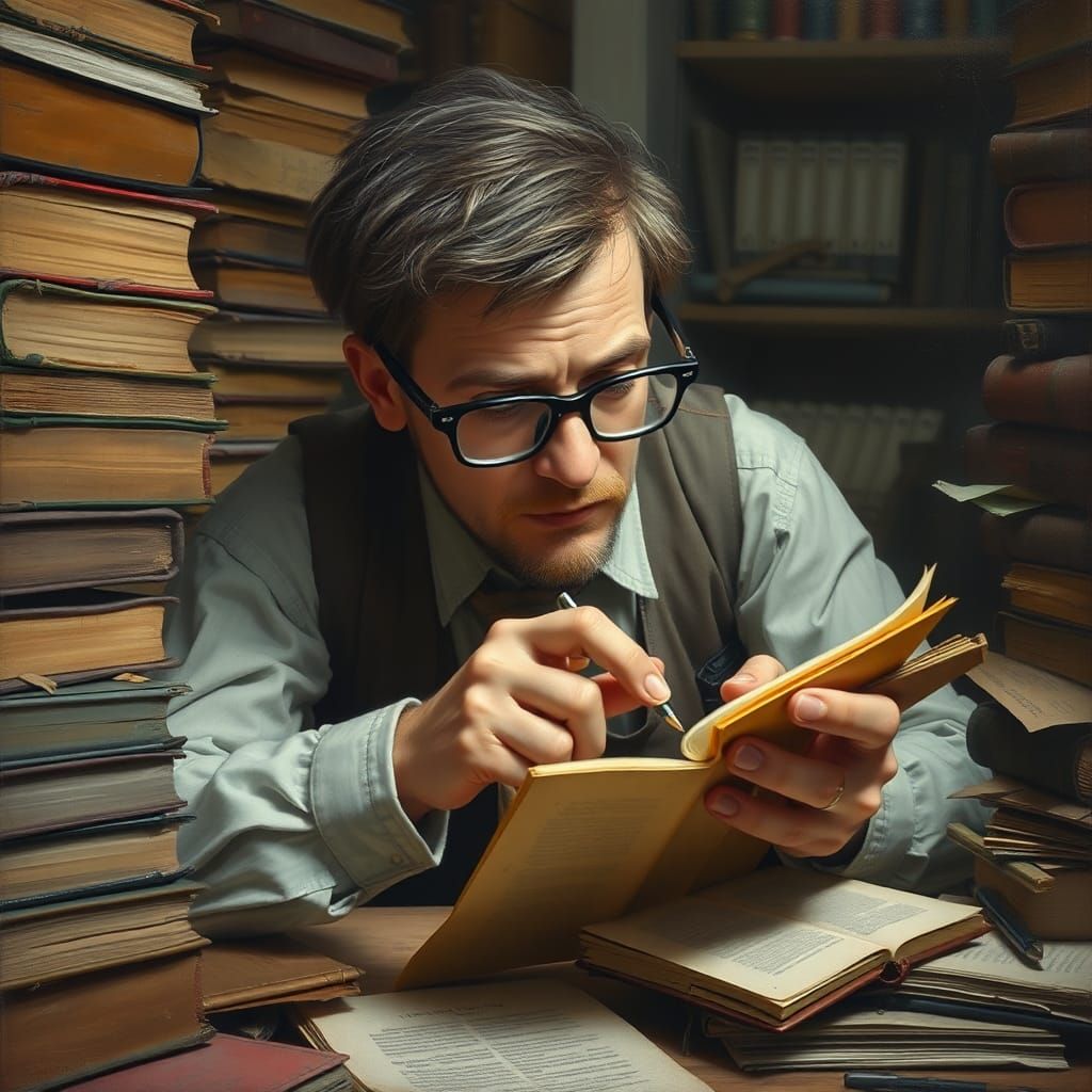 Meticulous Scholar in Rockwell, Rothko, and Doré Styles