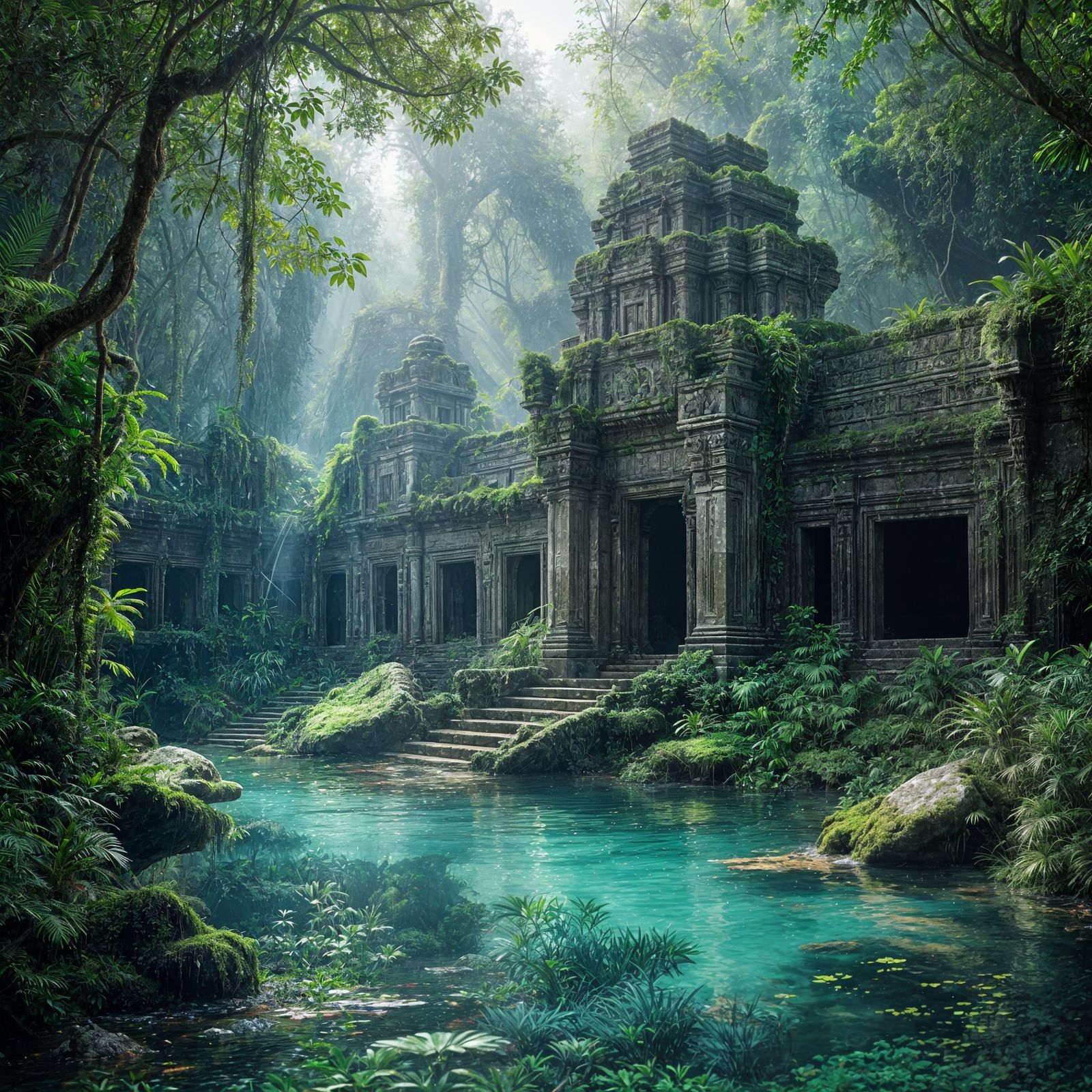 Overgrown Temple Ruin in Jungle River