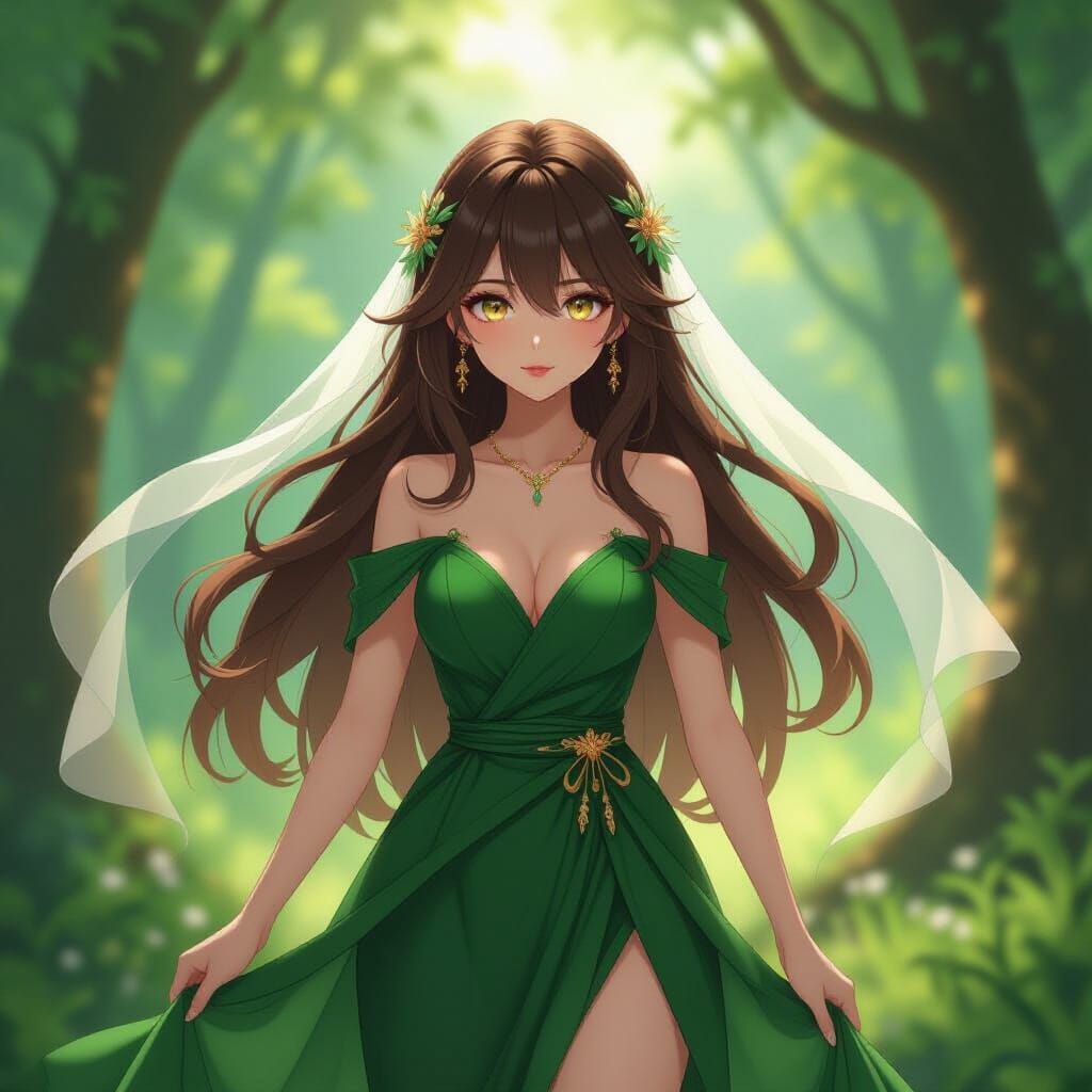 Anime Girl in Ethereal Forest With Golden Eyes