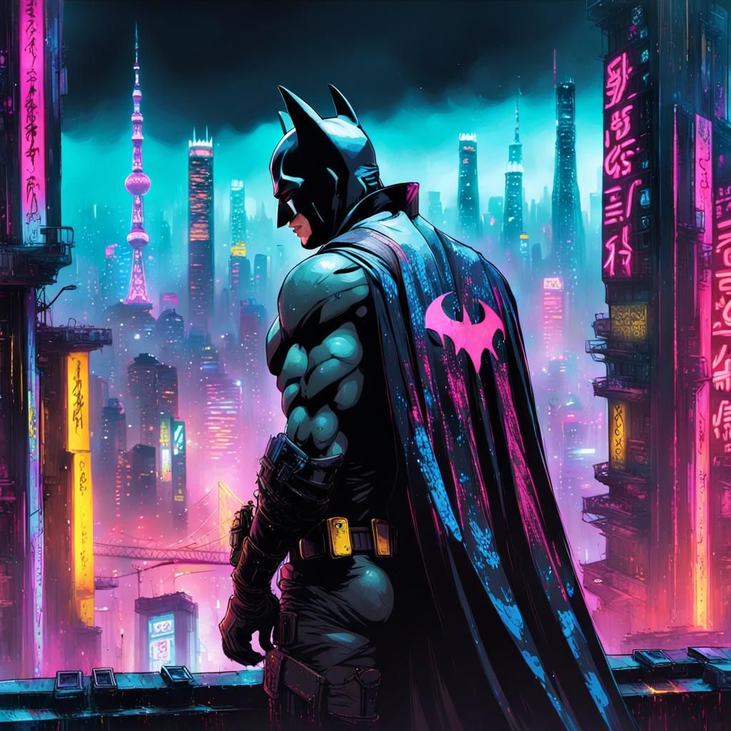 Cyberpunk Batman Overlooking Neon Tokyo