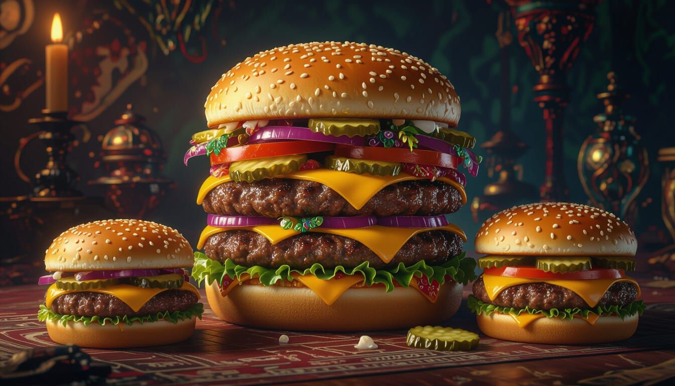 Massive Burger with Companions in Fantastical Setting