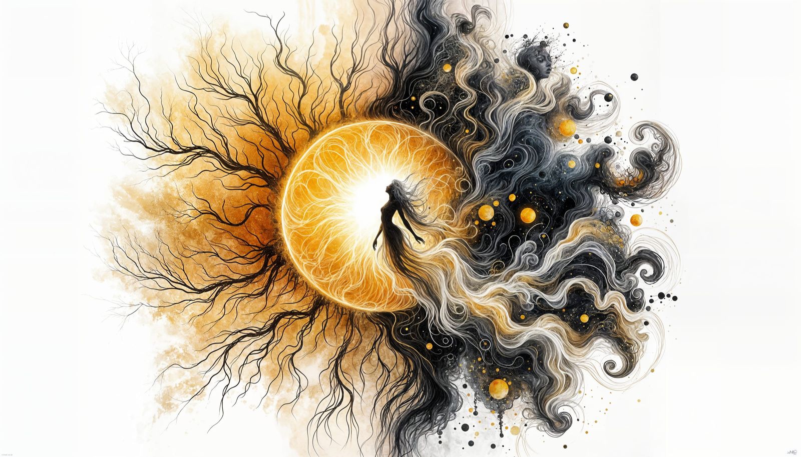 Golden Sun Duality in Surreal Artwork