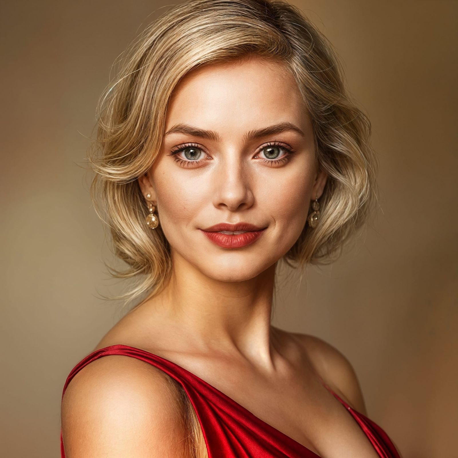 Elegant Woman in Crimson Silk Gown, Painterly Portraiture