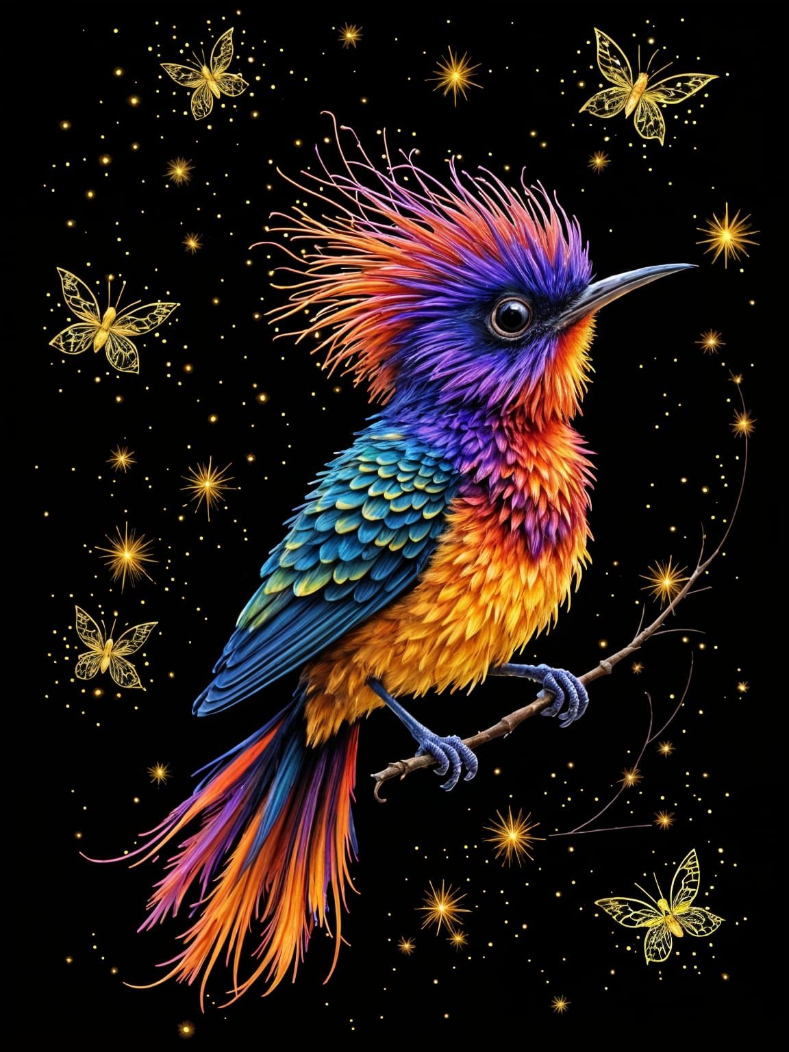 Glowing Tropical Bird in Vibrant, Mixed Media