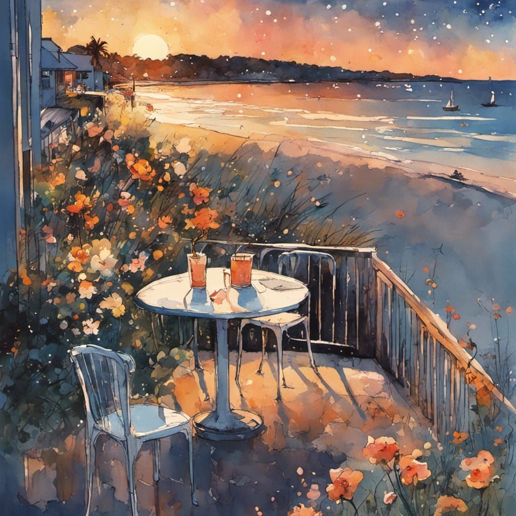 Beach Cafe at Sunset in Gouache Style
