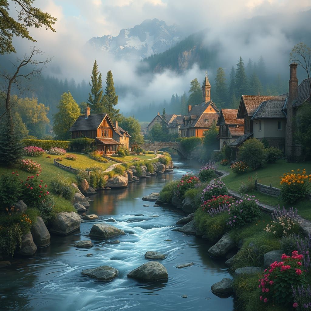 Idyllic River Town in Dreamy Hyperdetailed Style