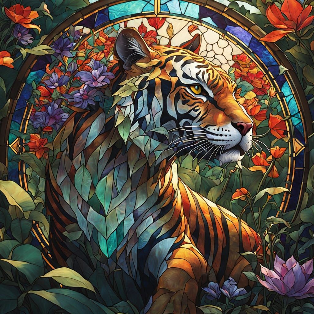 Surreal Stained Glass Tiger in a Vibrant Jungle Scene