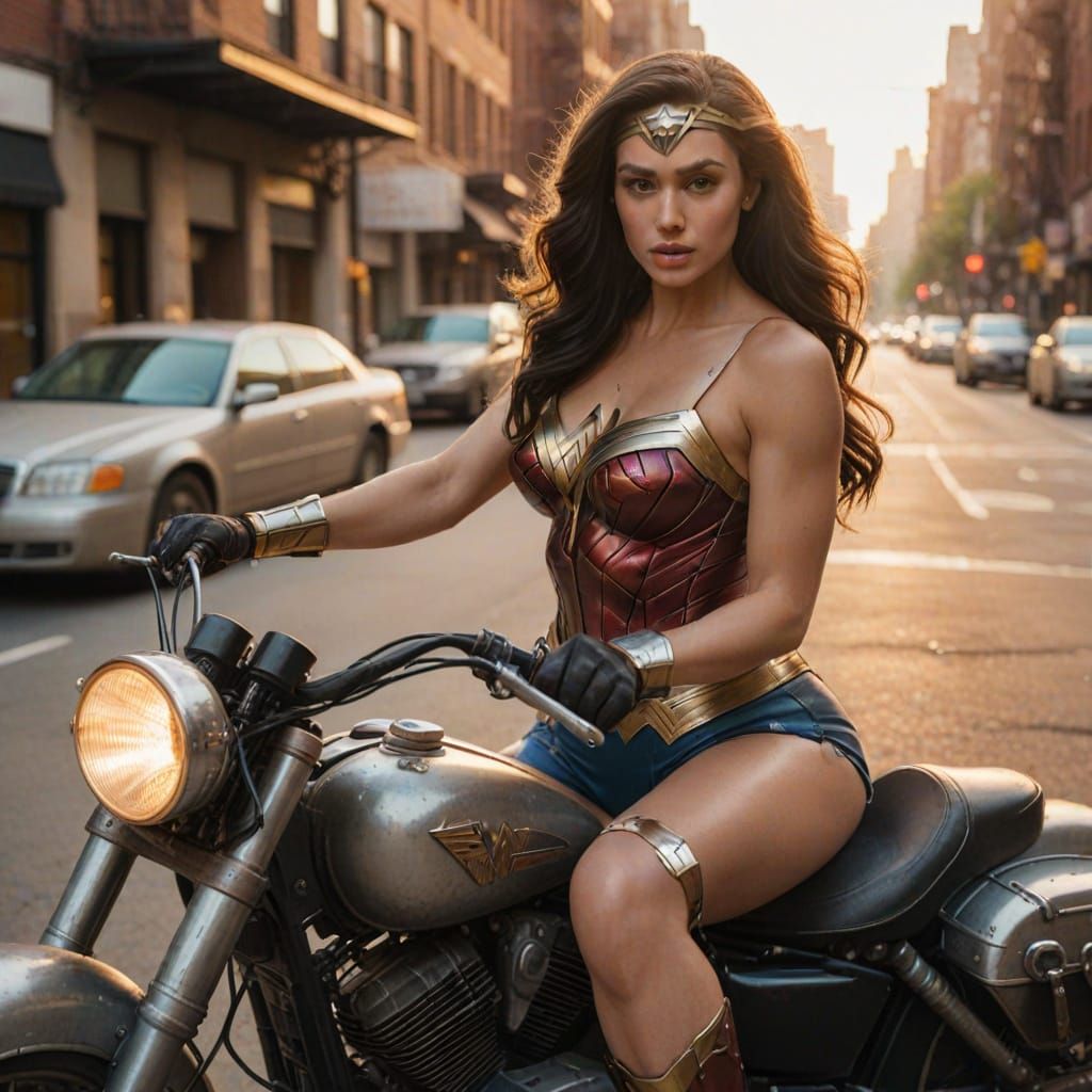 Wonder Woman on Motorbike in Golden Hour
