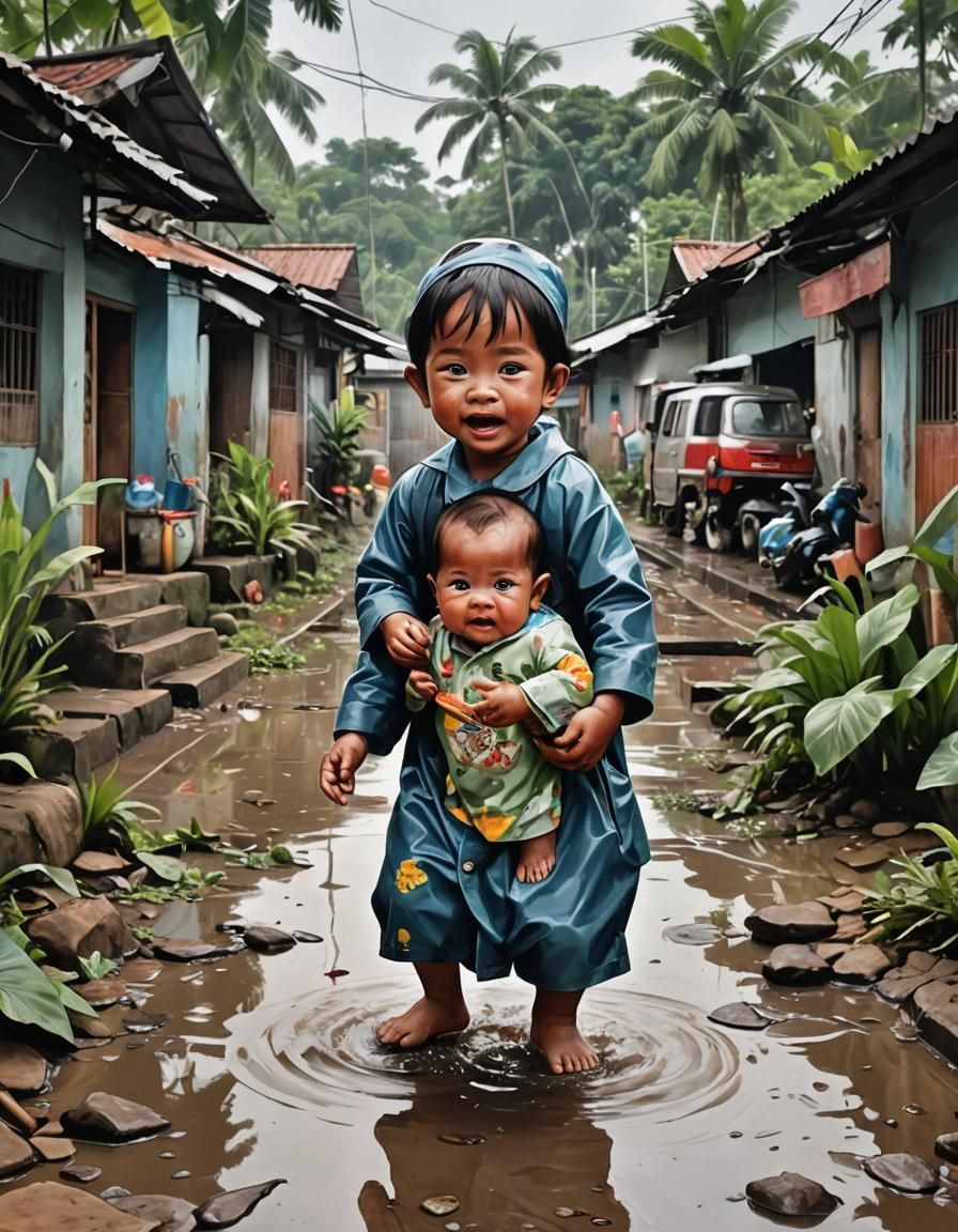 Joyful Indonesian Baby Playing in Rain: 3D Digital Art