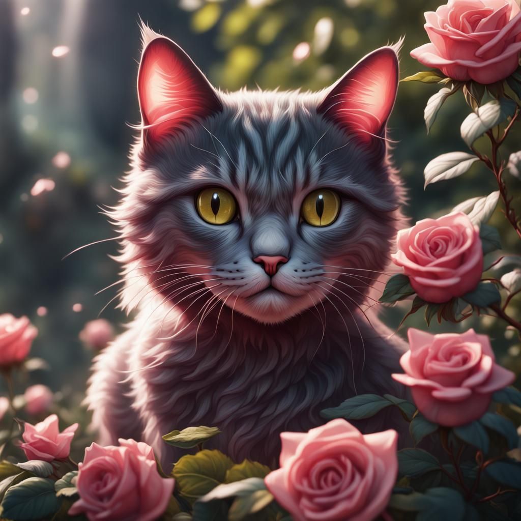 Adorable Cat in Rose Bush: Detailed Matte Painting