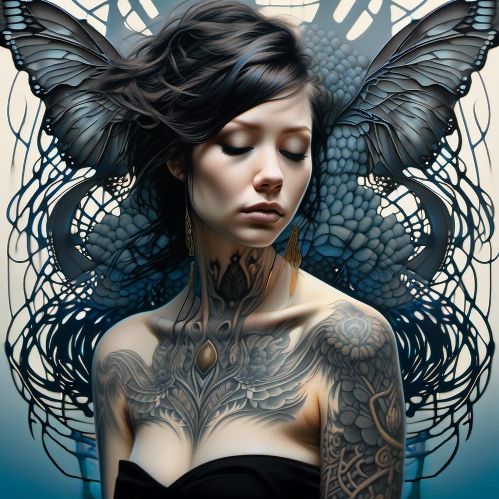 beautiful woman, tattoo, Black ink flow