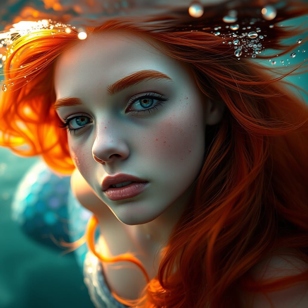 Ethereal Red-Haired Mermaid in Underwater Macro Photography