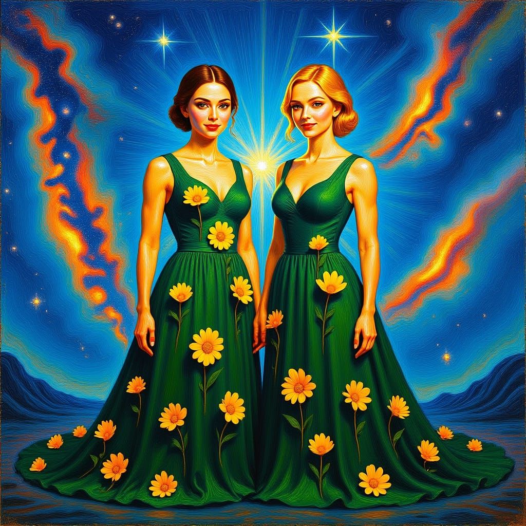 Two Women in Floral Gowns in Astral Realm Neo-Impressionist ...