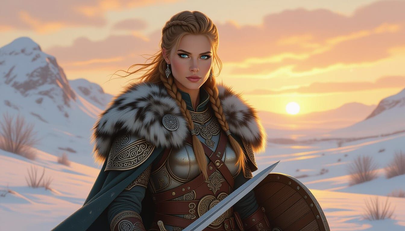 Viking Warrior in Snowy Valley, Fantasy Art