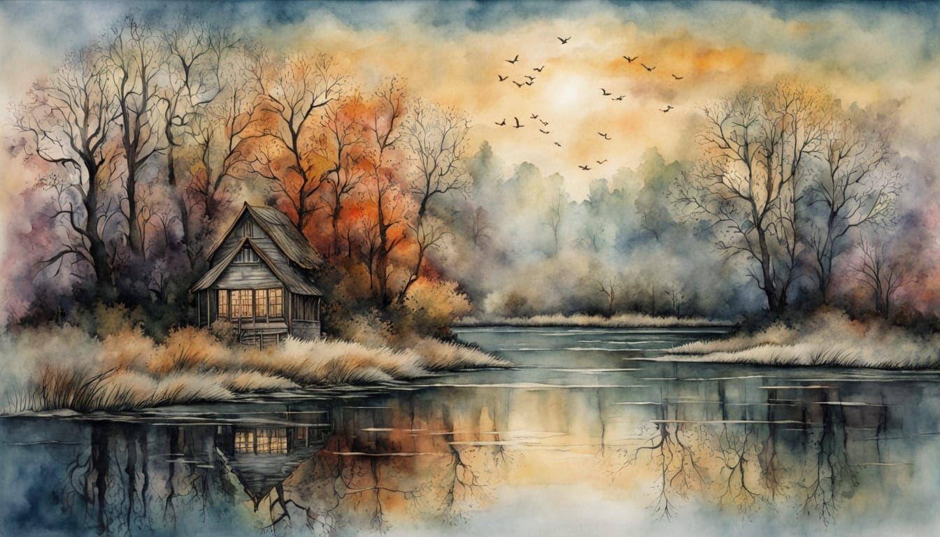 Misty Fall Sunrise Over Pond with Ducks, Watercolor Art