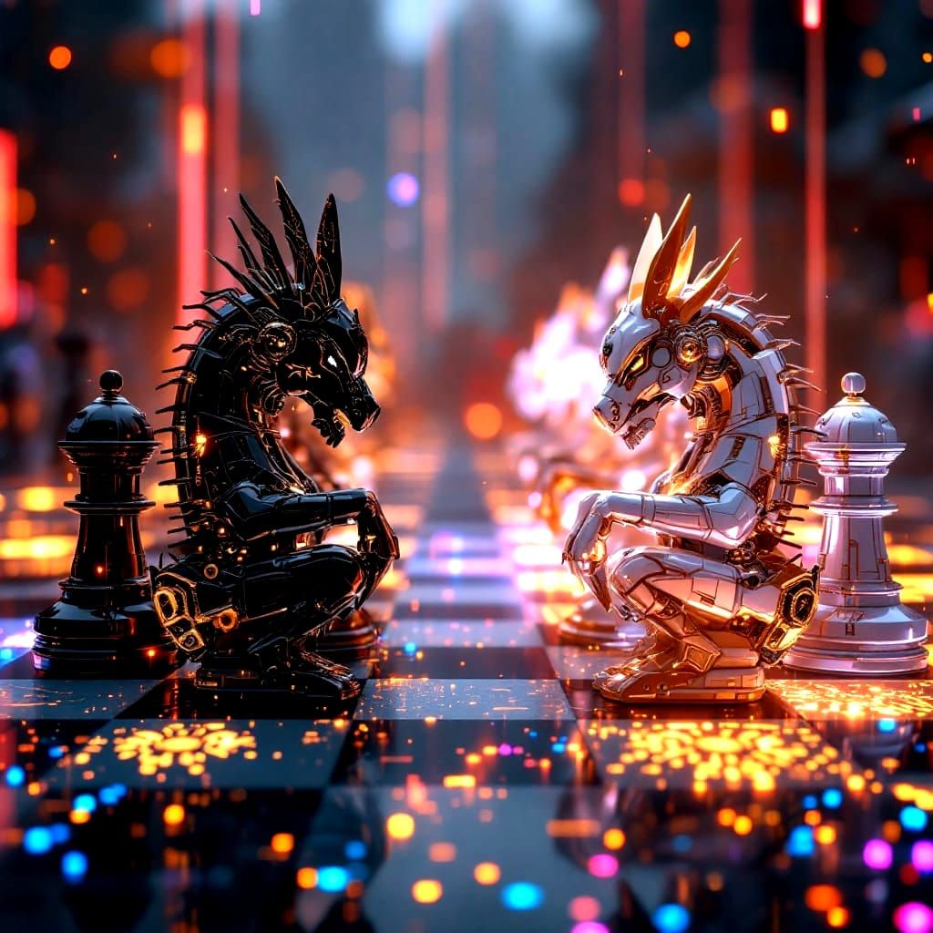 Epic Cyberpunk Chess Battle on a Neon-Lit Holographic Board