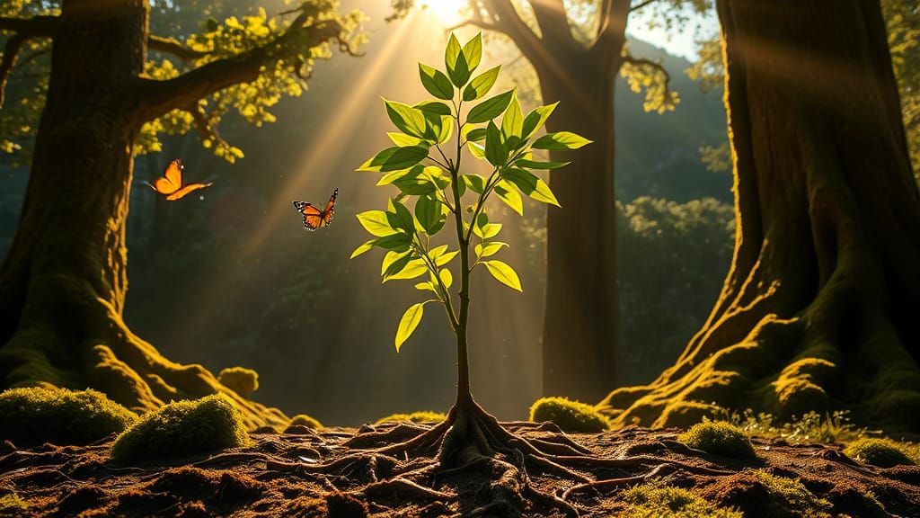 Vibrant Sapling Ascends in Sunlit Clearing