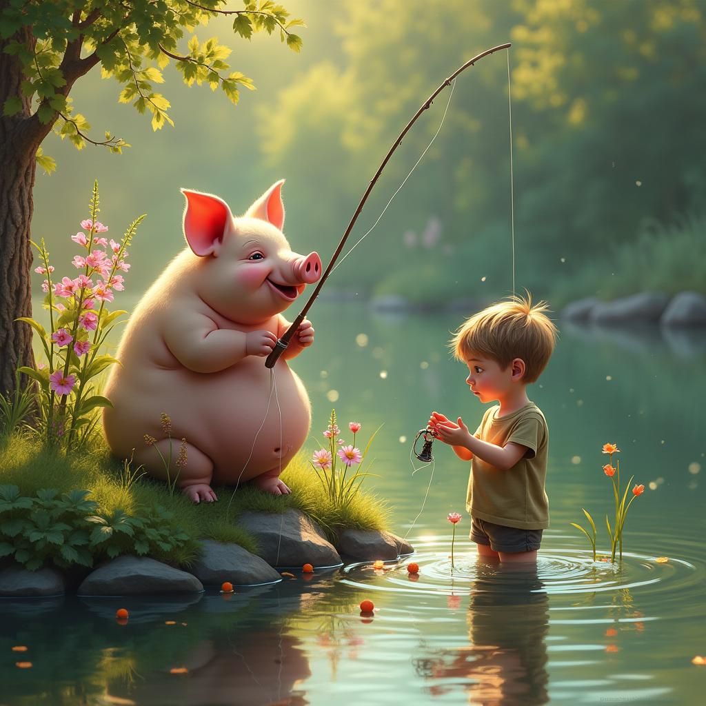 Boy and Pig Fishing, Impressionistic Oil Painting