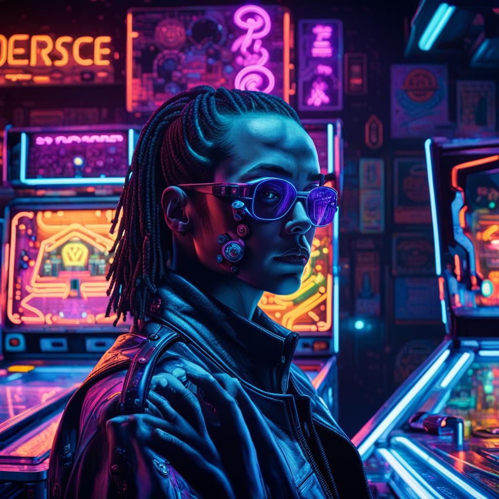 Cyberpunk Pinball in Neon-Lit Sci-Fi Bar