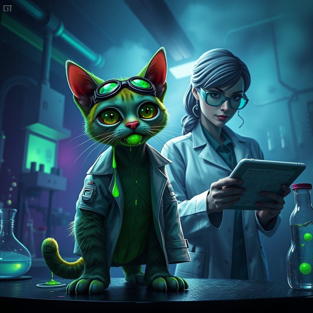 Adorable Baby Cat Zombie in a Bright Green Laboratory
