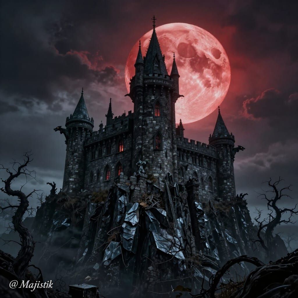 Gothic Castle Under Blood Moon, Hyperrealistic