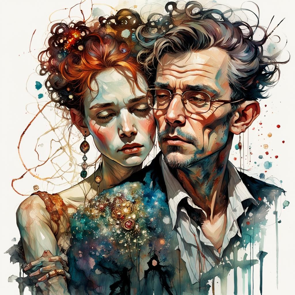 Romantic Couple with Shimmering Jewelry in Maximalist Style