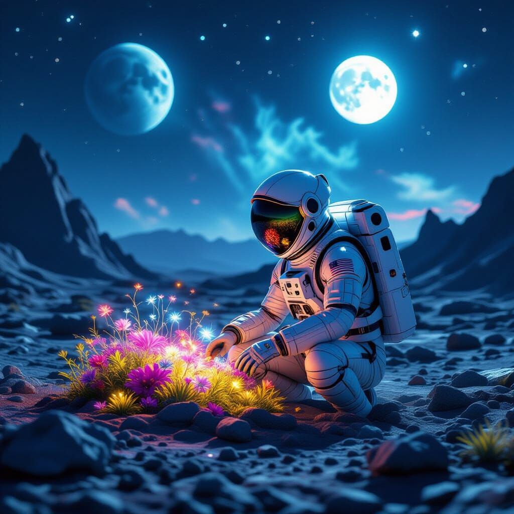 Astronaut Tends Alien Garden Under Twin Moons