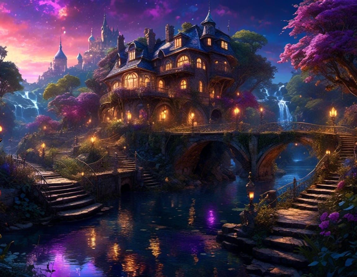 Moonlit Fairytale River with Magical Architecture