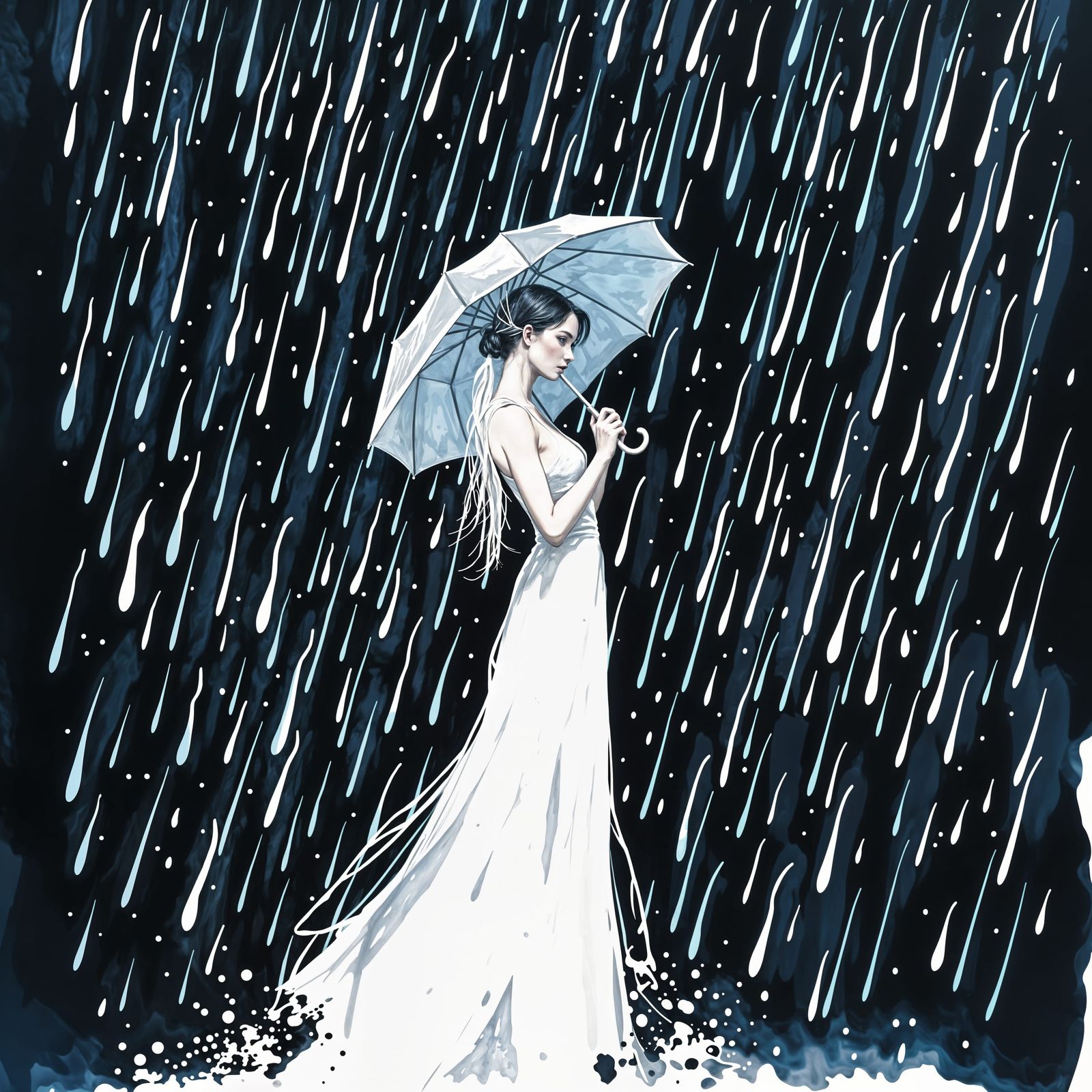 Ethereal Ink Silhouette: Woman in Light Blue Rain