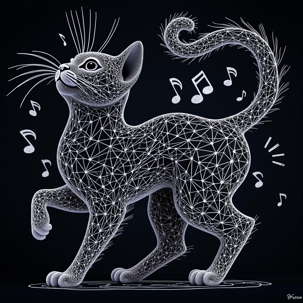Wireframe Cat Dancing with Musical Notes