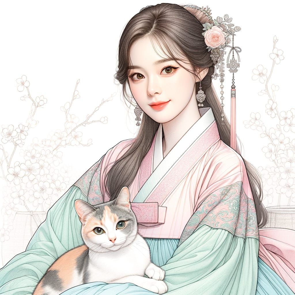 Manhwa Portrait: Woman in Pastel Hanbok with Calico Cat