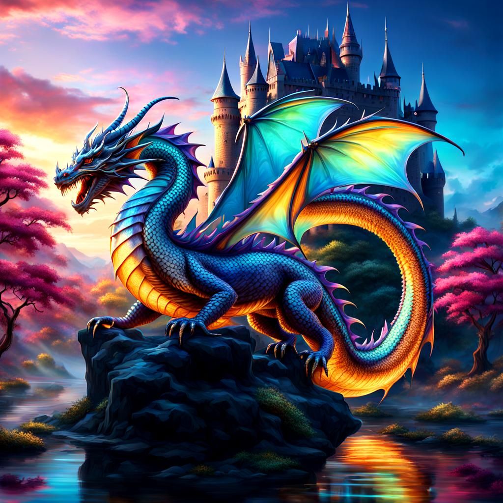 Iridescent sparkling opalescent Magnificent full body colorful dragon with wings and tail,  Intricate fantasy castle, fa...