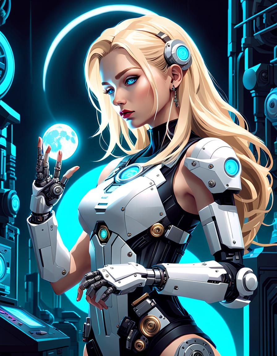 Cyberpunk Woman with Clockwork Arm in Neon Light