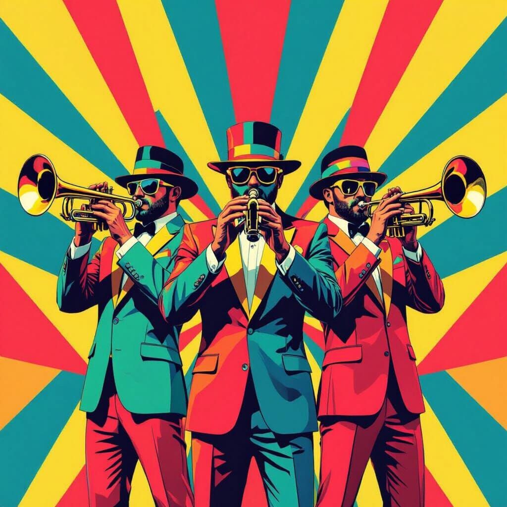 Masked Musicians in Multicolored Suits, Digital Art