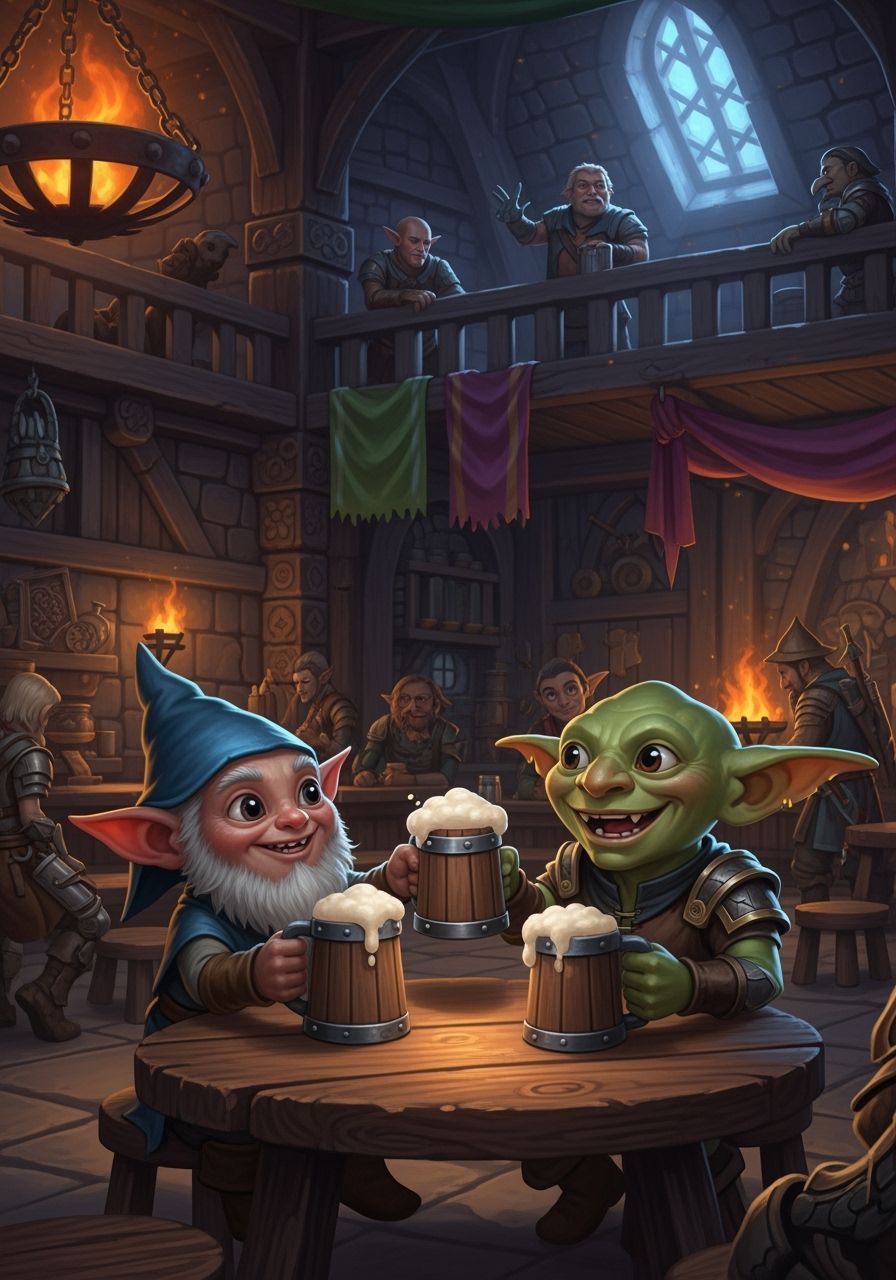 Night Gnome and Goblin Friends at Tavern, Fantasy Art